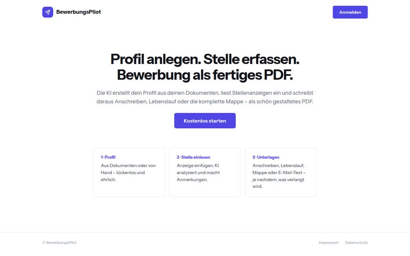 BewerbungsPilot, KI-Bewerbungsassistent als SaaS: Screenshot 1