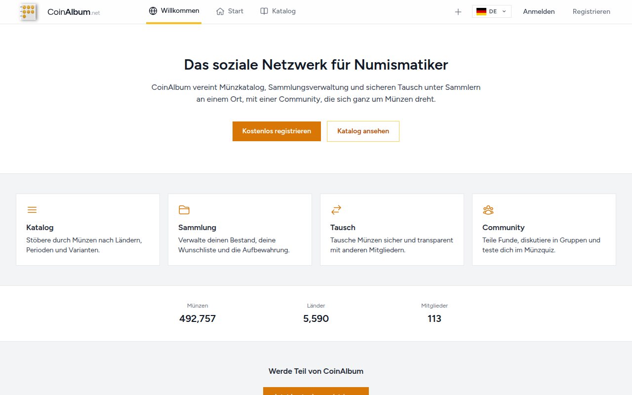 CoinAlbum: Startseite mit Katalog, Sammlung, Tausch und Community