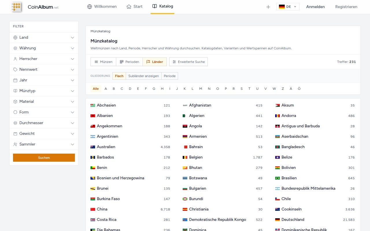 Screenshot 3: Münzkatalog mit Filtern